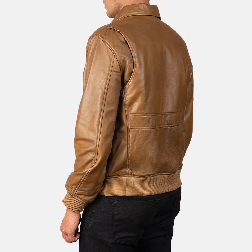 Mens tan leather bomber jacket top