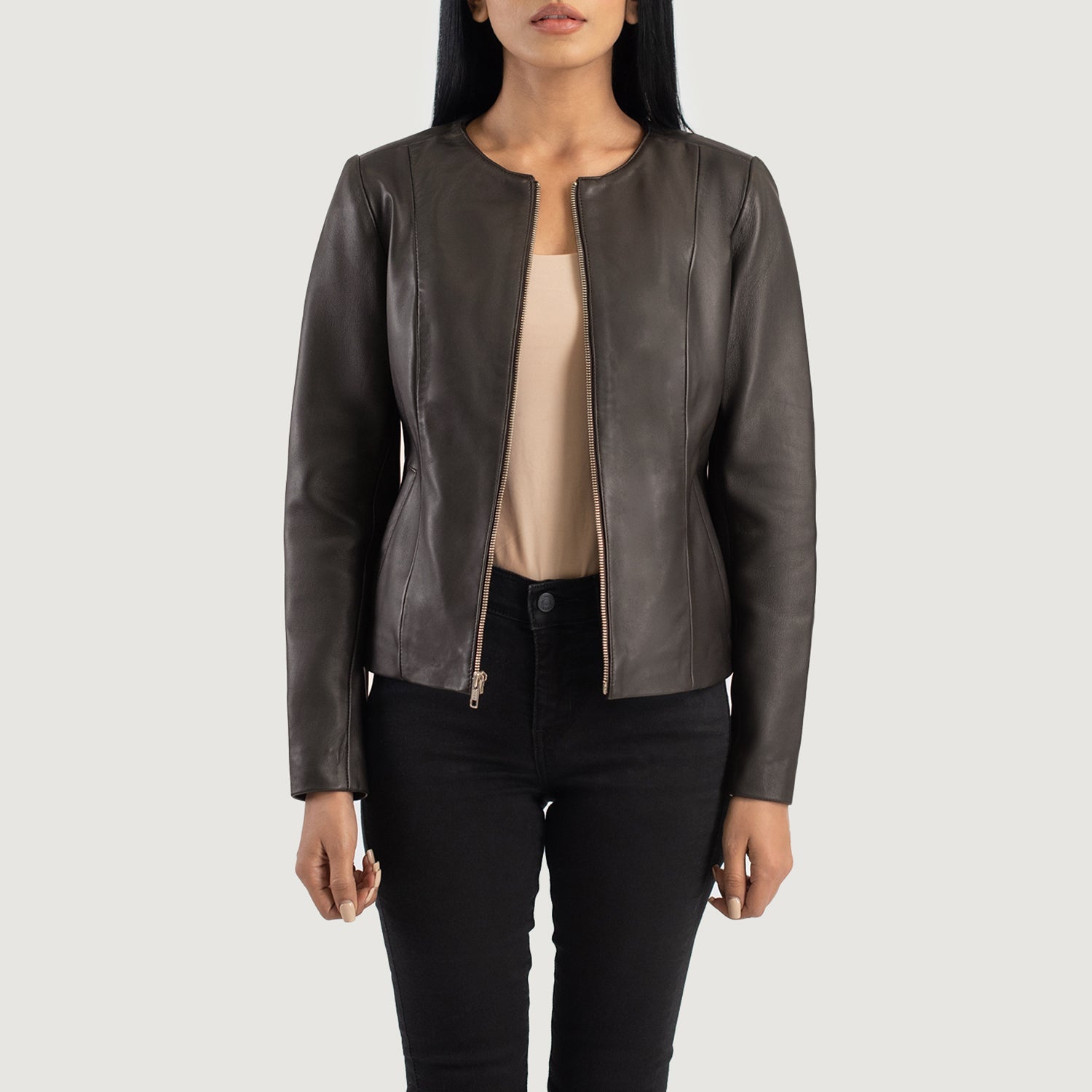 Collarless biker jacket loat womens