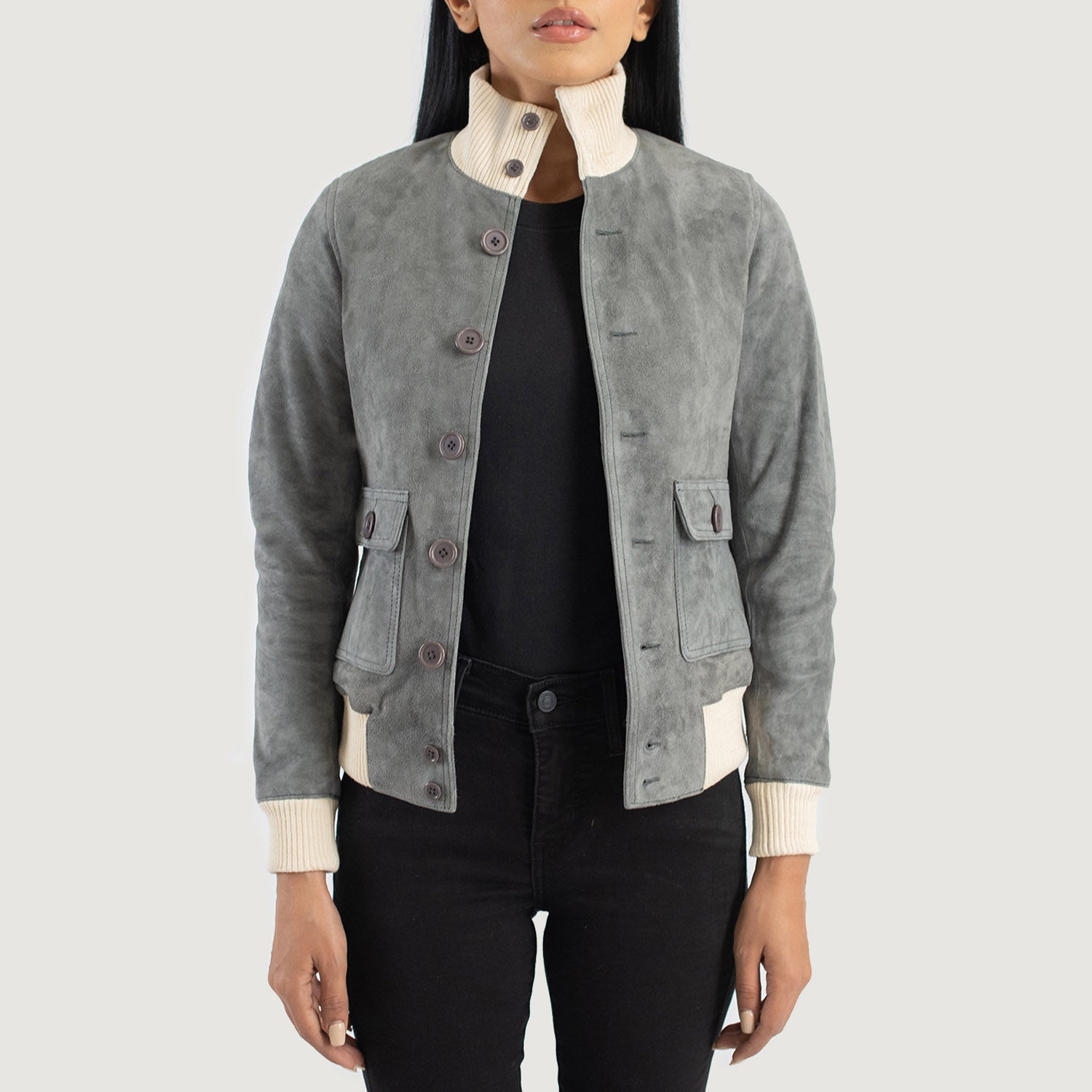 Women s Sasha A1 Grey Suede Bomber Jacket The Jacket Maker