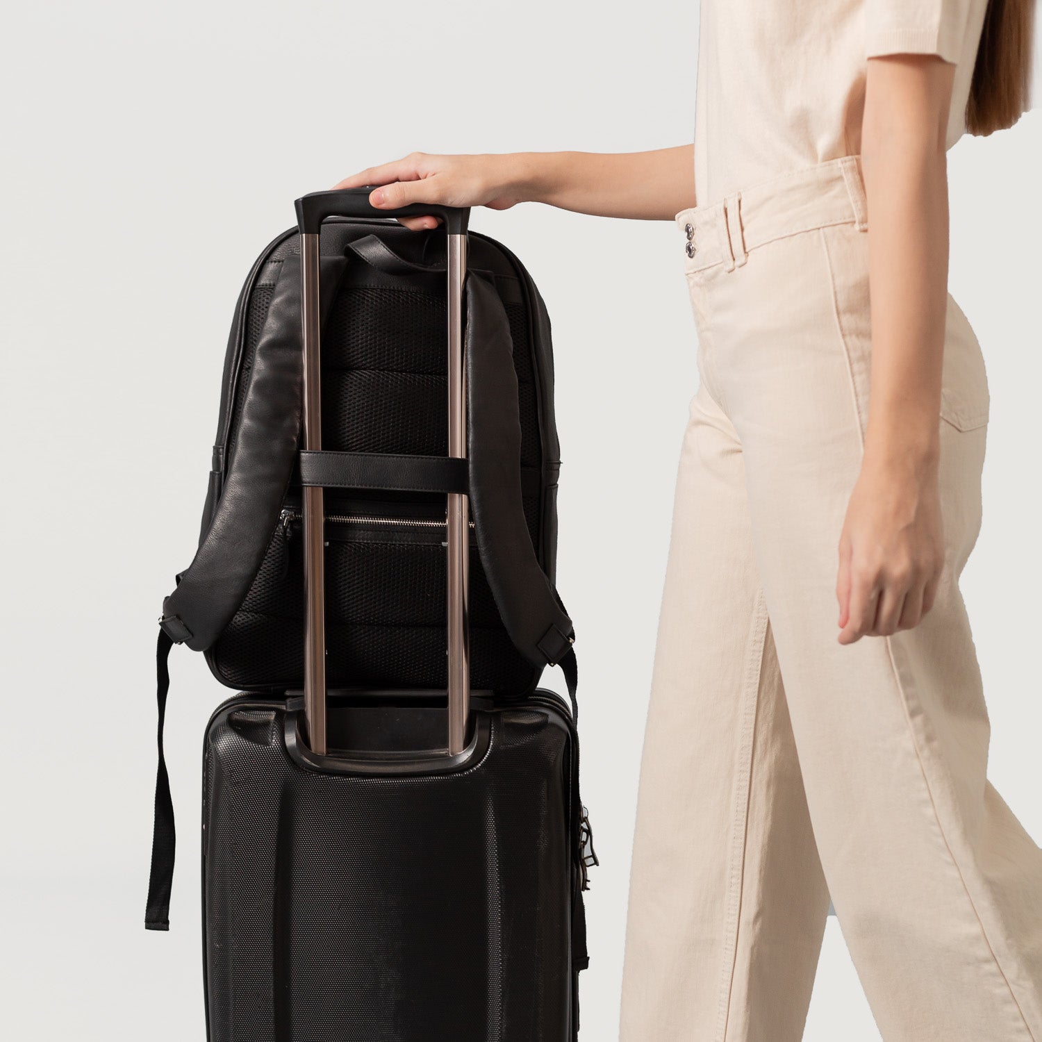 Leather backpack with trolley sleeve outlet
