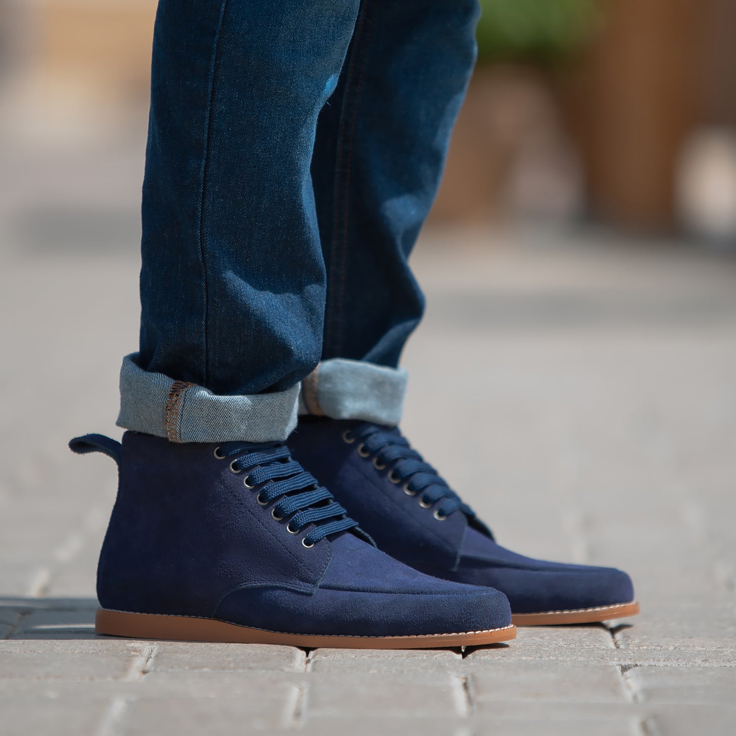 Men s Bearman Moc Toe Blue Suede Boots The Jacket Maker