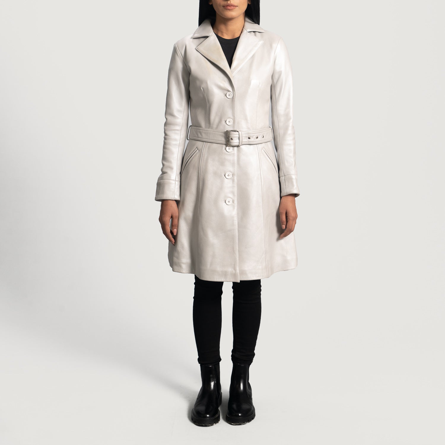 Women s Moonlight Silver Leather Trench Coat The Jacket Maker